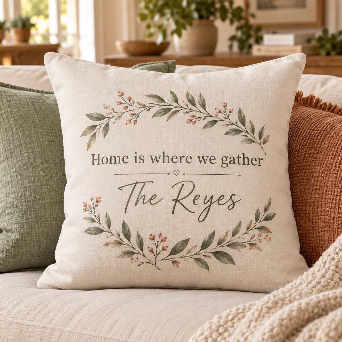 Home Is Here Personalized Throw Pillow — product photograph