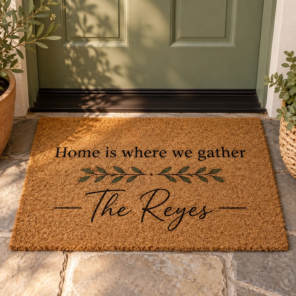 Home Is Here Personalized Family Doormat — product photograph