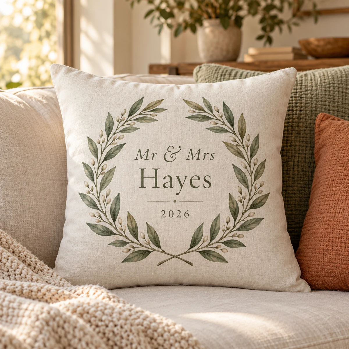Newlywed Laurel Personalized Throw Pillow — product photograph