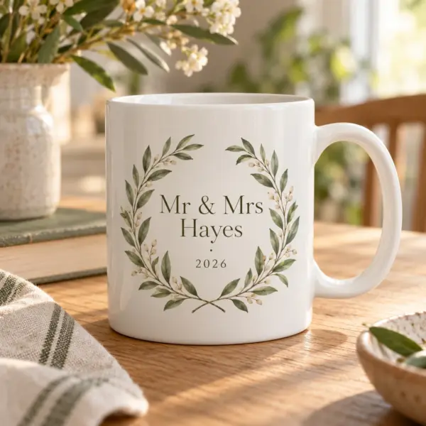 Newlywed Laurel Personalized Ceramic Mug — product photograph